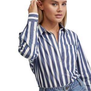 Amanda Green Blue & White Striped Button-Down Blouse – Classic Tailored Fit